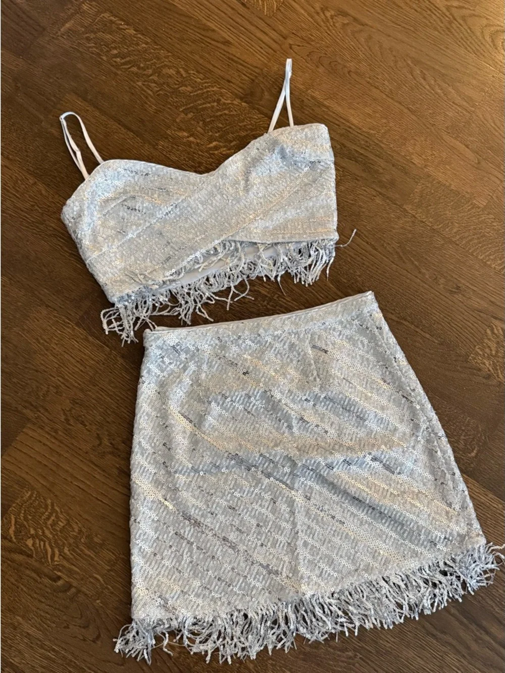 SAYLOR Silver Sequin Fringe Two-Piece Skirt Set - Picture 1 of 6